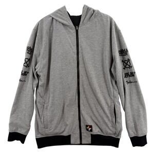 In4mation Reversible Jacket Mens Large Black Gray Hooded Zip Streetwear Graphic